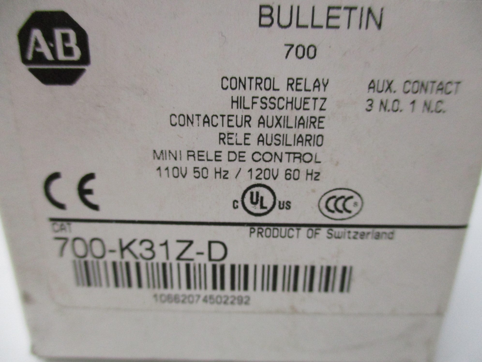 ALLEN BRADLEY 700-K31Z-D SER. B 110/120V (WH) NSMP