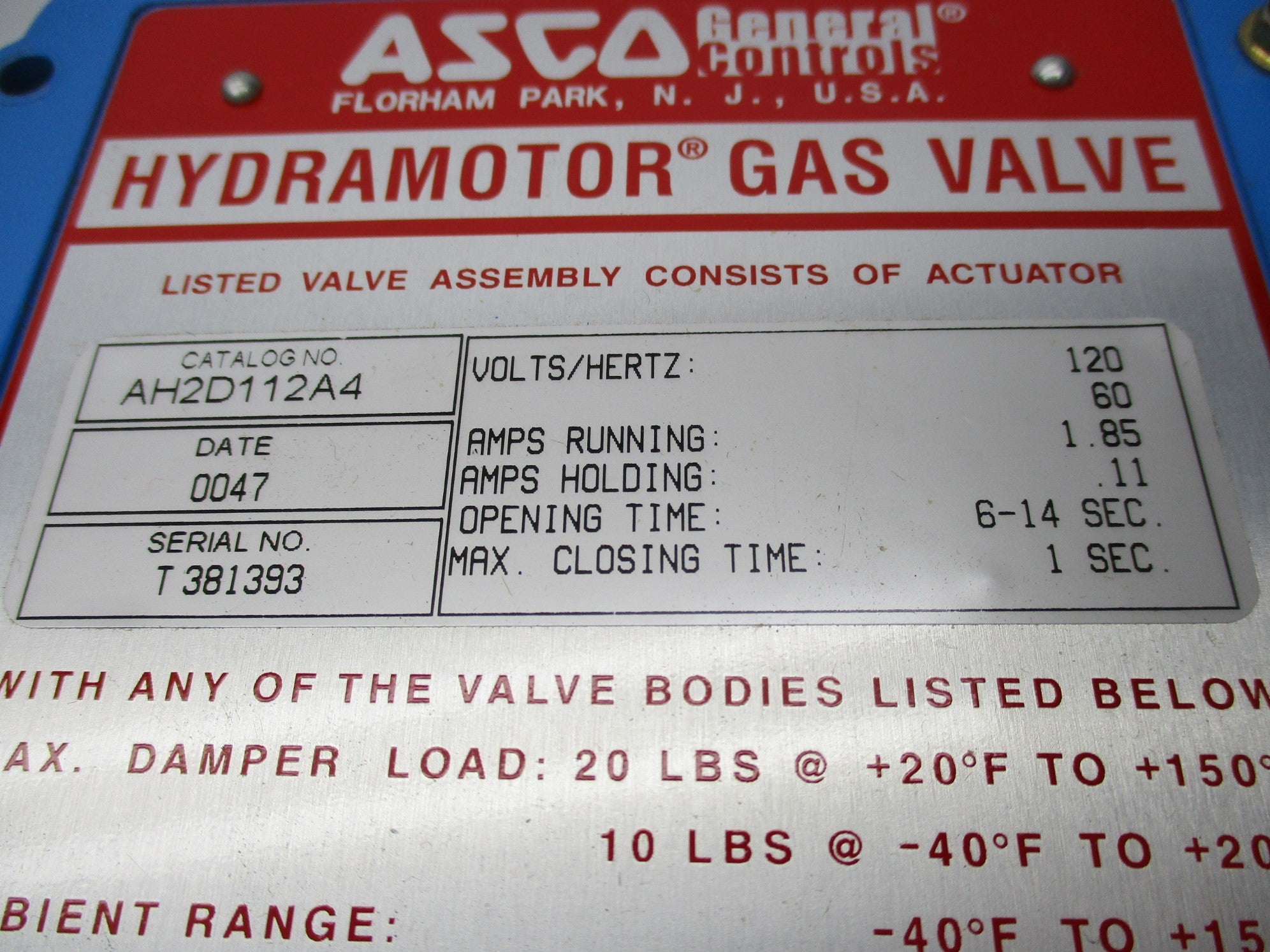 ASCO AH2D112A4 110/120V 1.85/2.25A NSMP