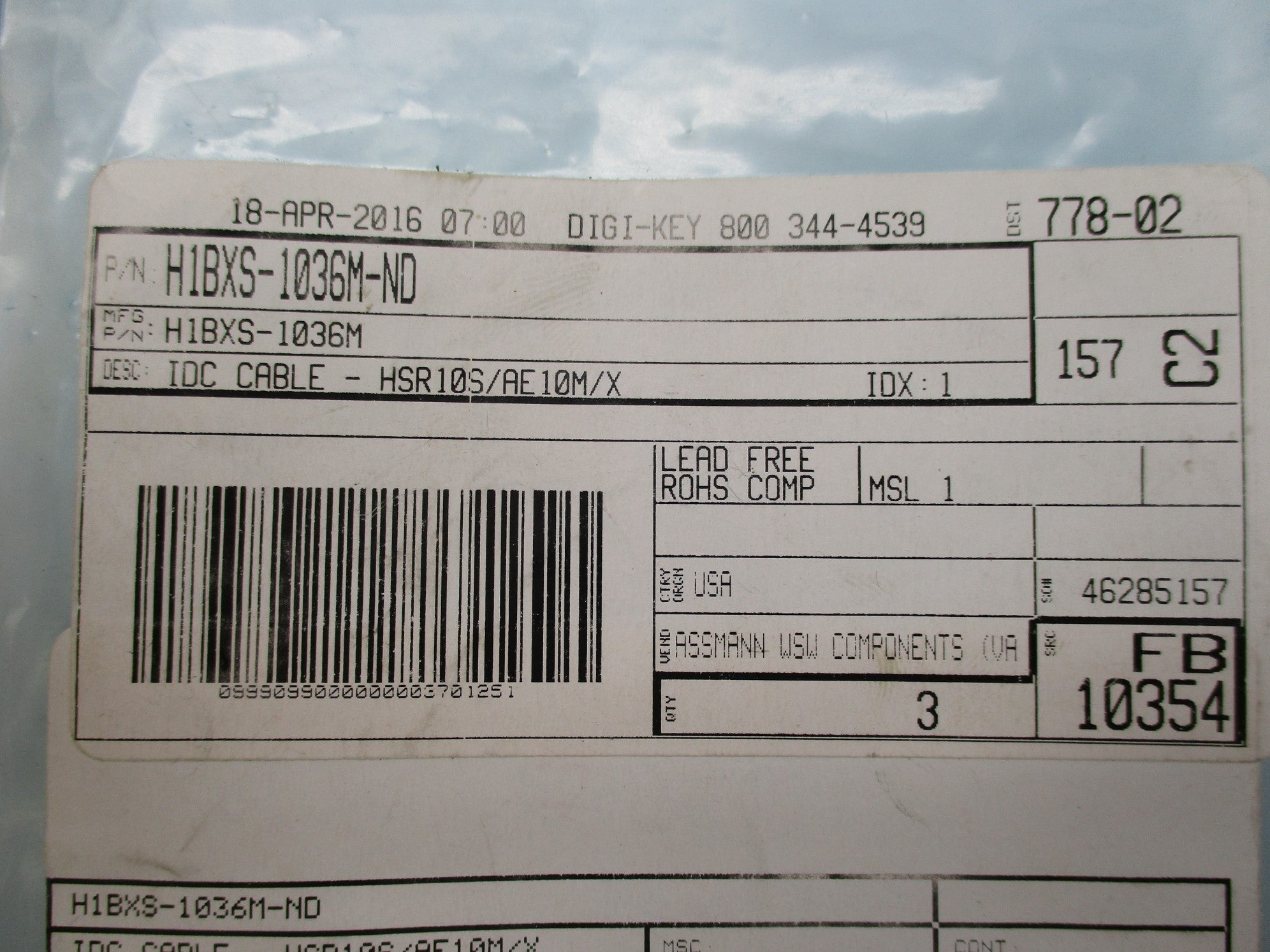 DIGI-KEY H1BXS-1036M-ND NSNP