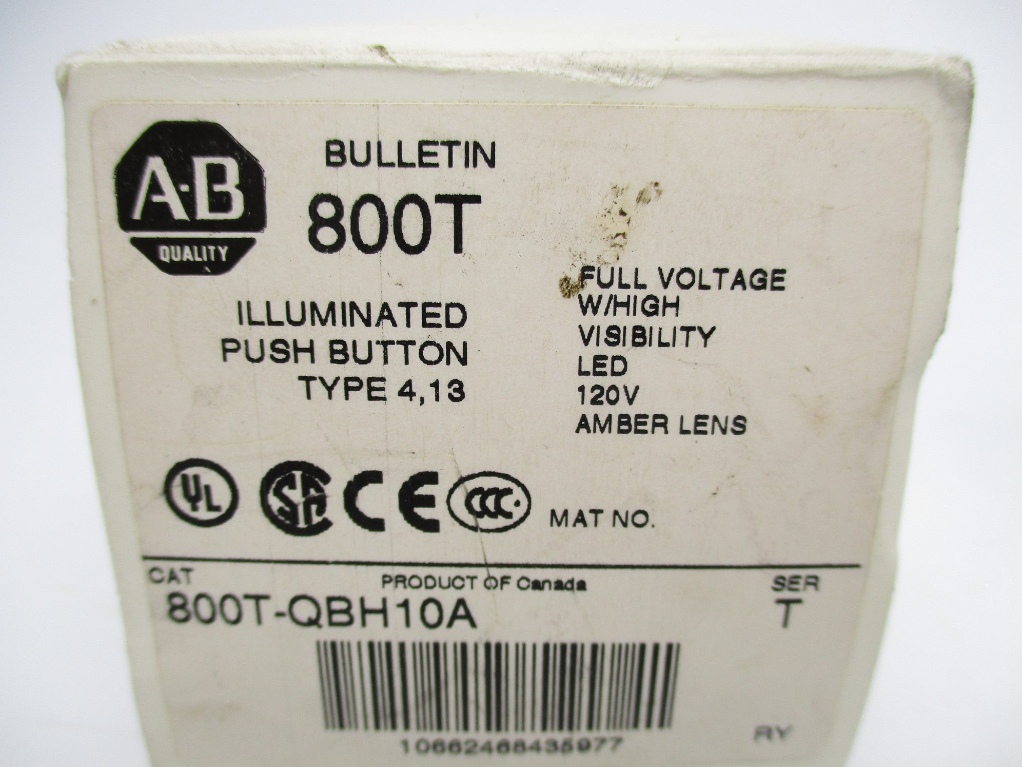 ALLEN BRADLEY 800T-QBH10A SER. T 120VAC/DC (WH) NSMP