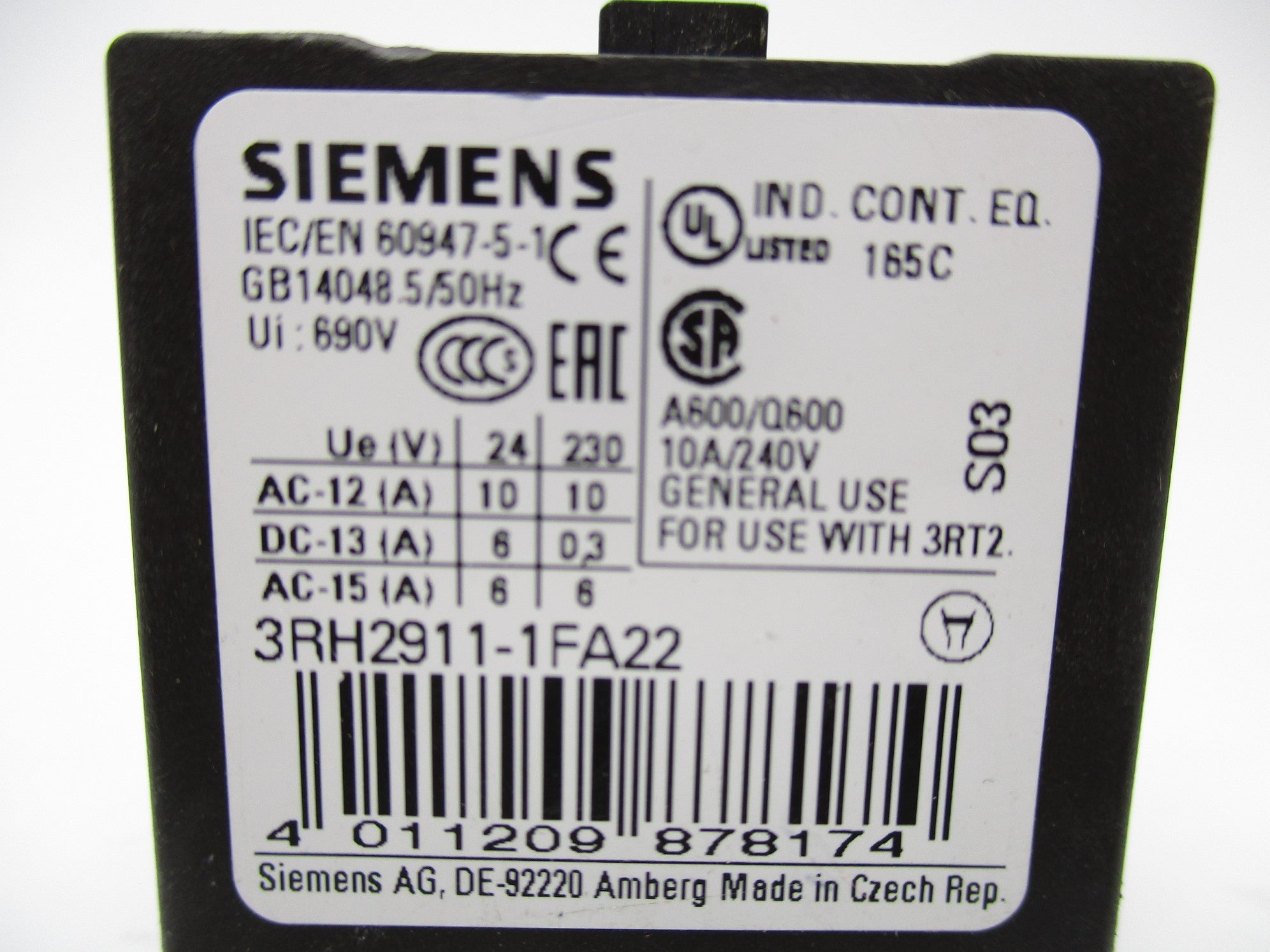 SIEMENS 3RH2911-1FA22 240V 10A NSNP