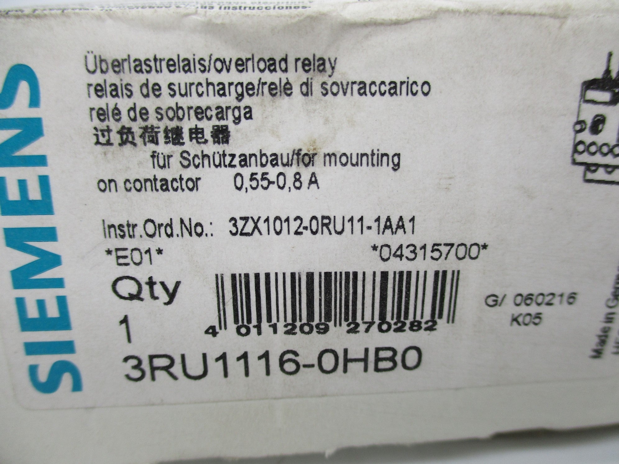 SIEMENS 3RU1116-0HB0 690V 0.55-0.8A NSMP