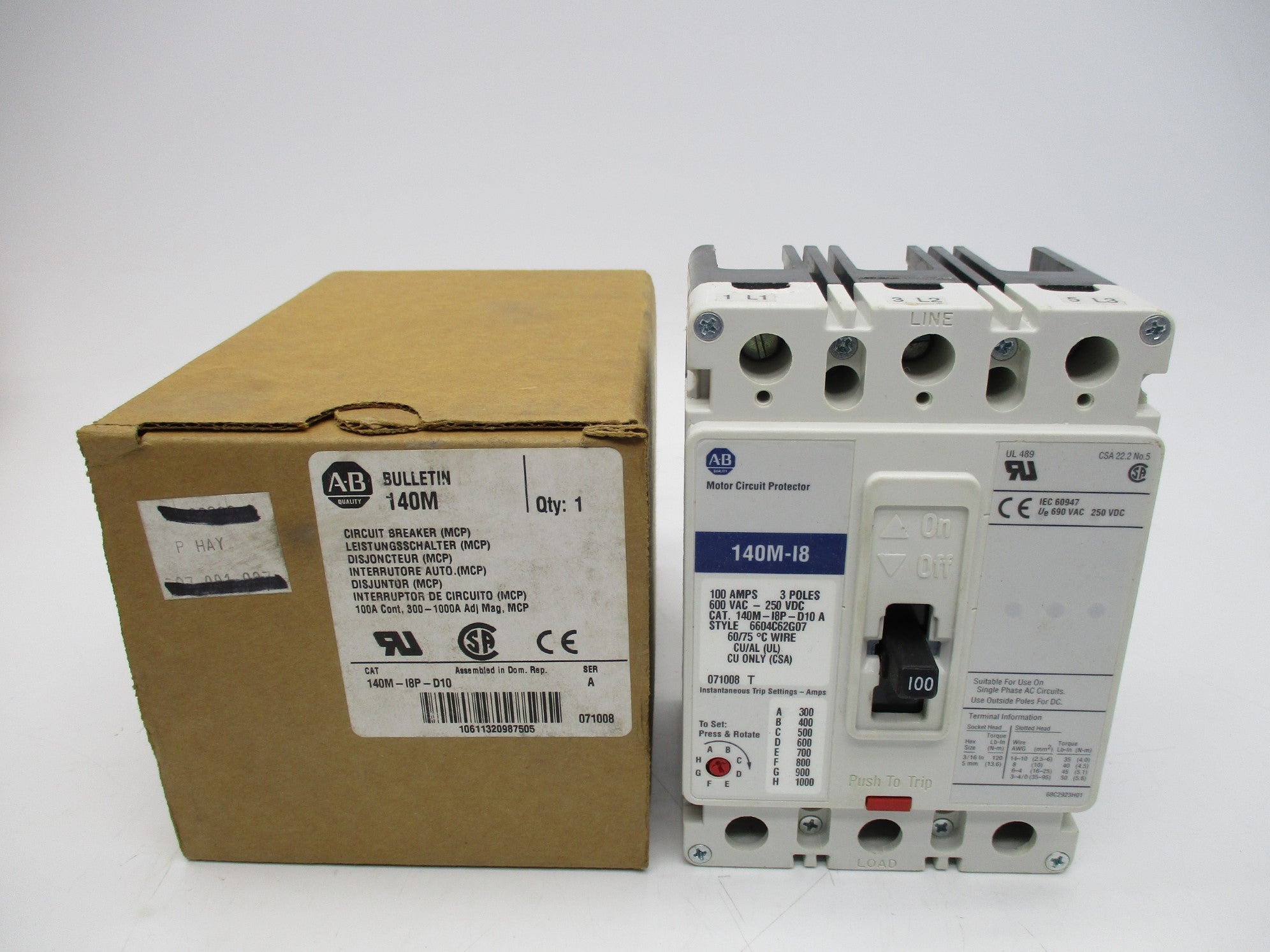 ALLEN BRADLEY 140M-I8P-D10 SER. A 100A 600V (BR/WH) NSMP