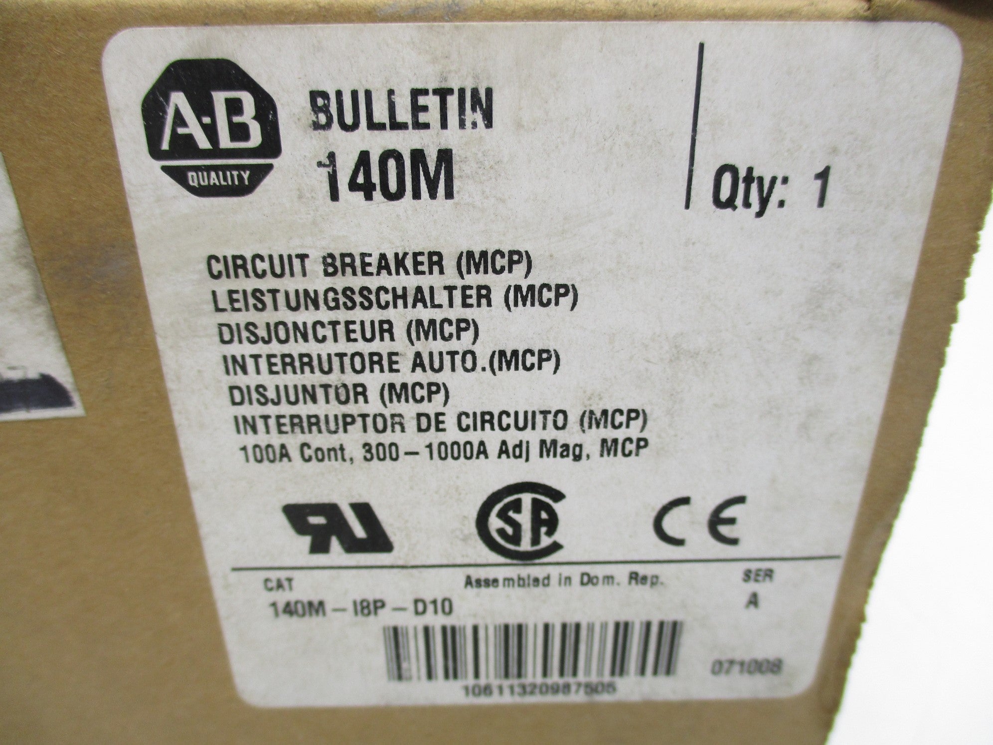 ALLEN BRADLEY 140M-I8P-D10 SER. A 100A 600V (BR/WH) NSMP