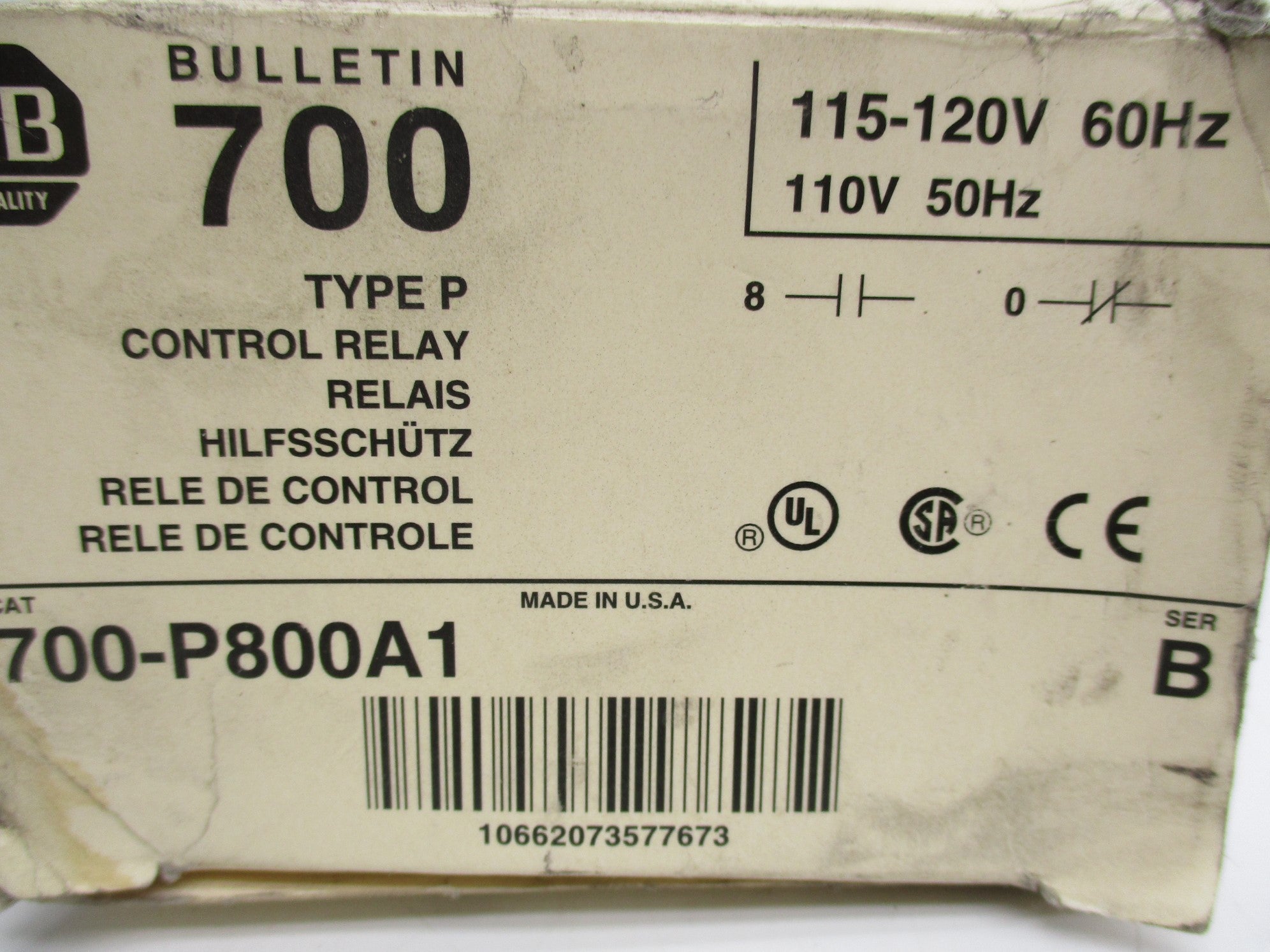 ALLEN BRADLEY 700-P800A1 SER. B 110/115-120V 10A (WH) NSMP