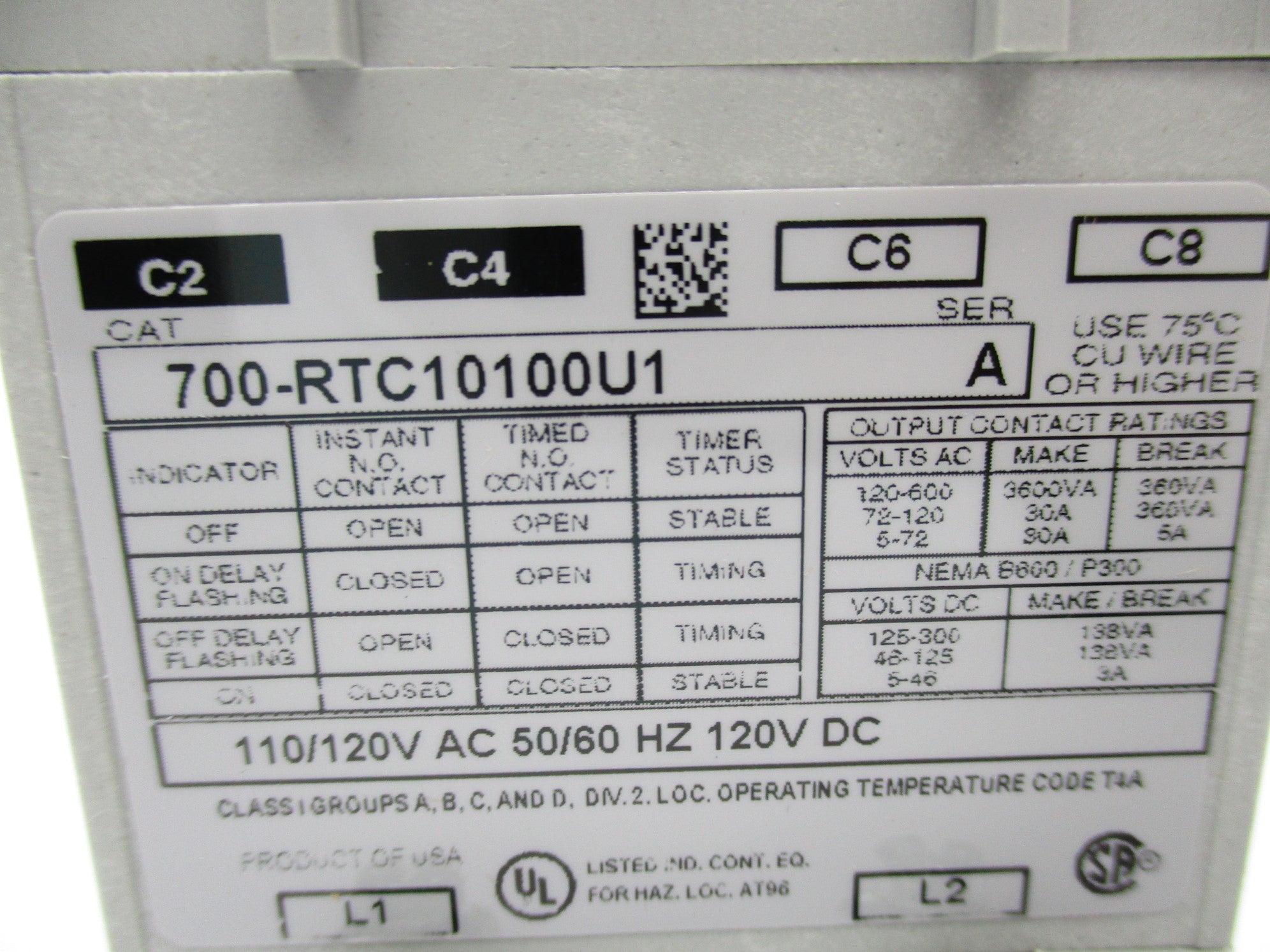 ALLEN BRADLEY 700-RTC10100U1 SER. A 110/120V (BR/WH) NSMP