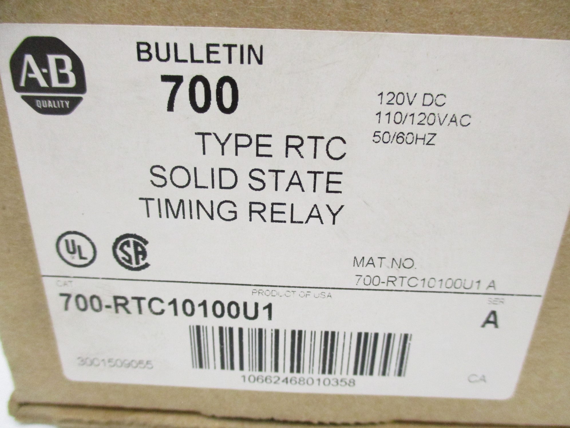 ALLEN BRADLEY 700-RTC10100U1 SER. A 110/120V (BR/WH) NSMP