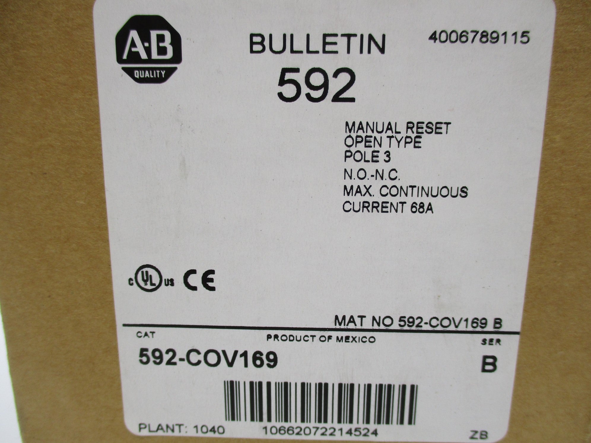ALLEN BRADLEY 592-COV169 SER. B 68A (BR/WH) NSMP