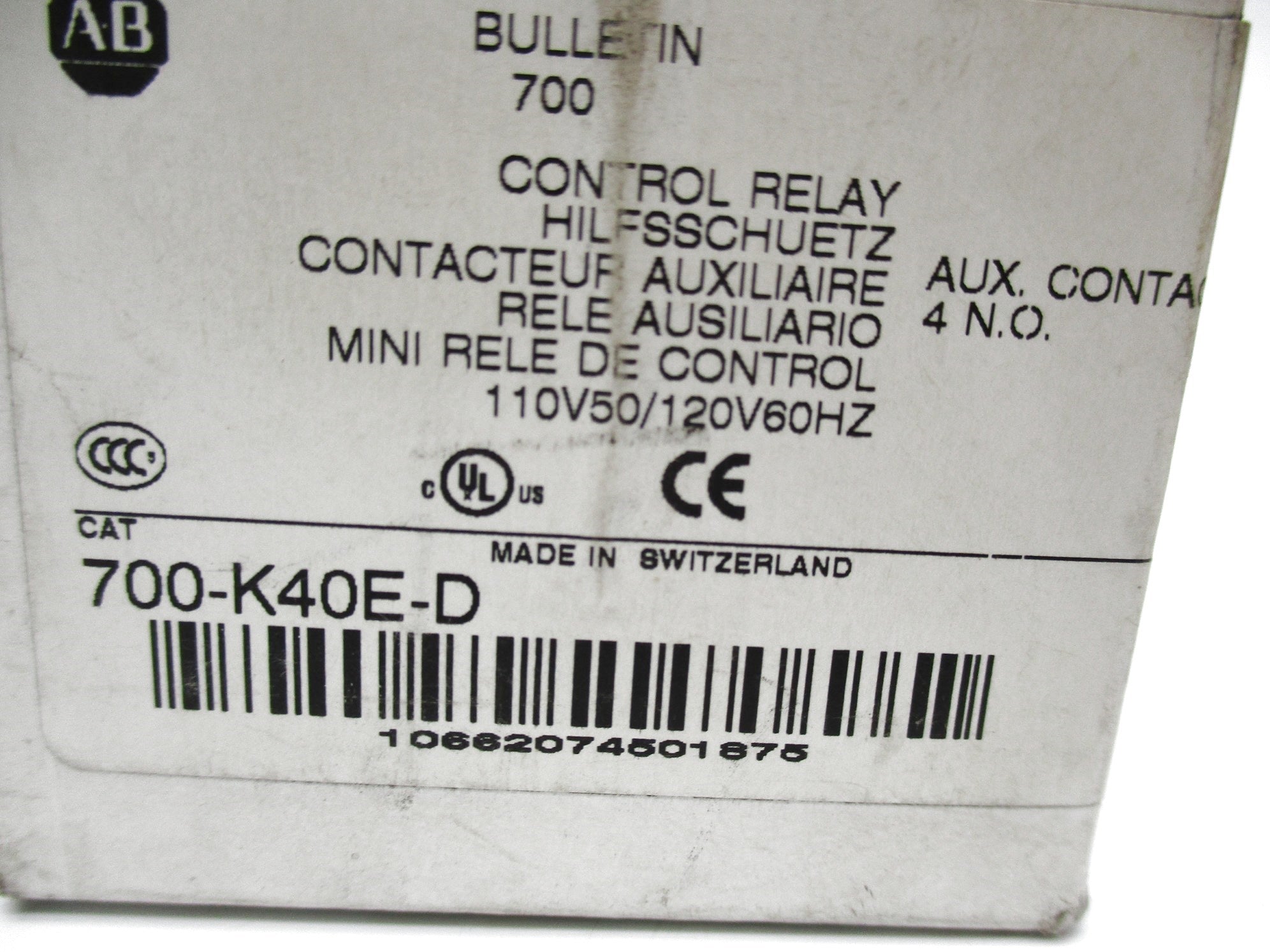 ALLEN BRADLEY 700-K40E-D SER. B 110/120V 10A (WH) NSMP