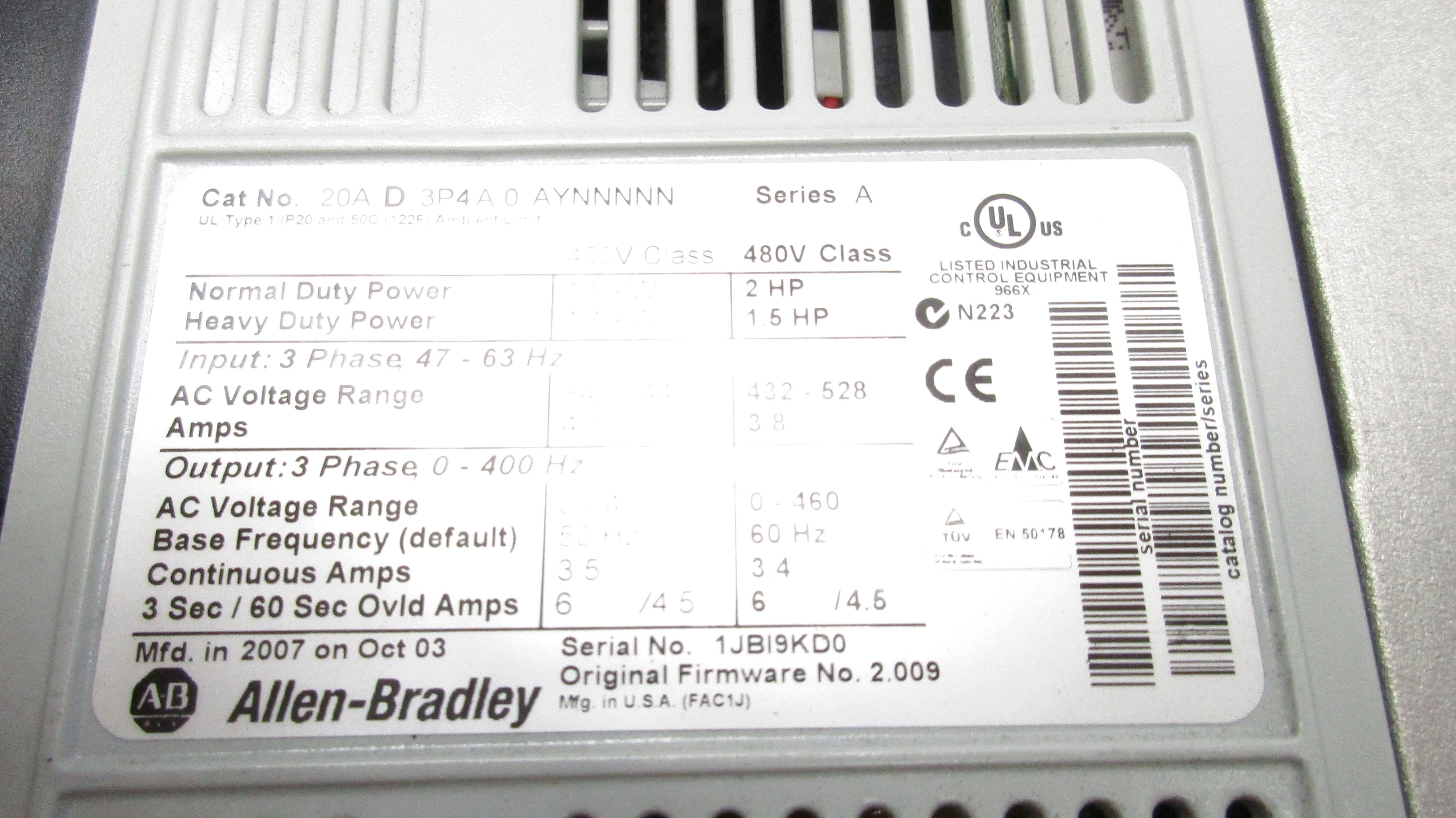 INDUSTRIAL SPARE PART 20AD3P4A0AYNNNNN SER. A F/W 2.008 432-528VAC 4.3A UNMP