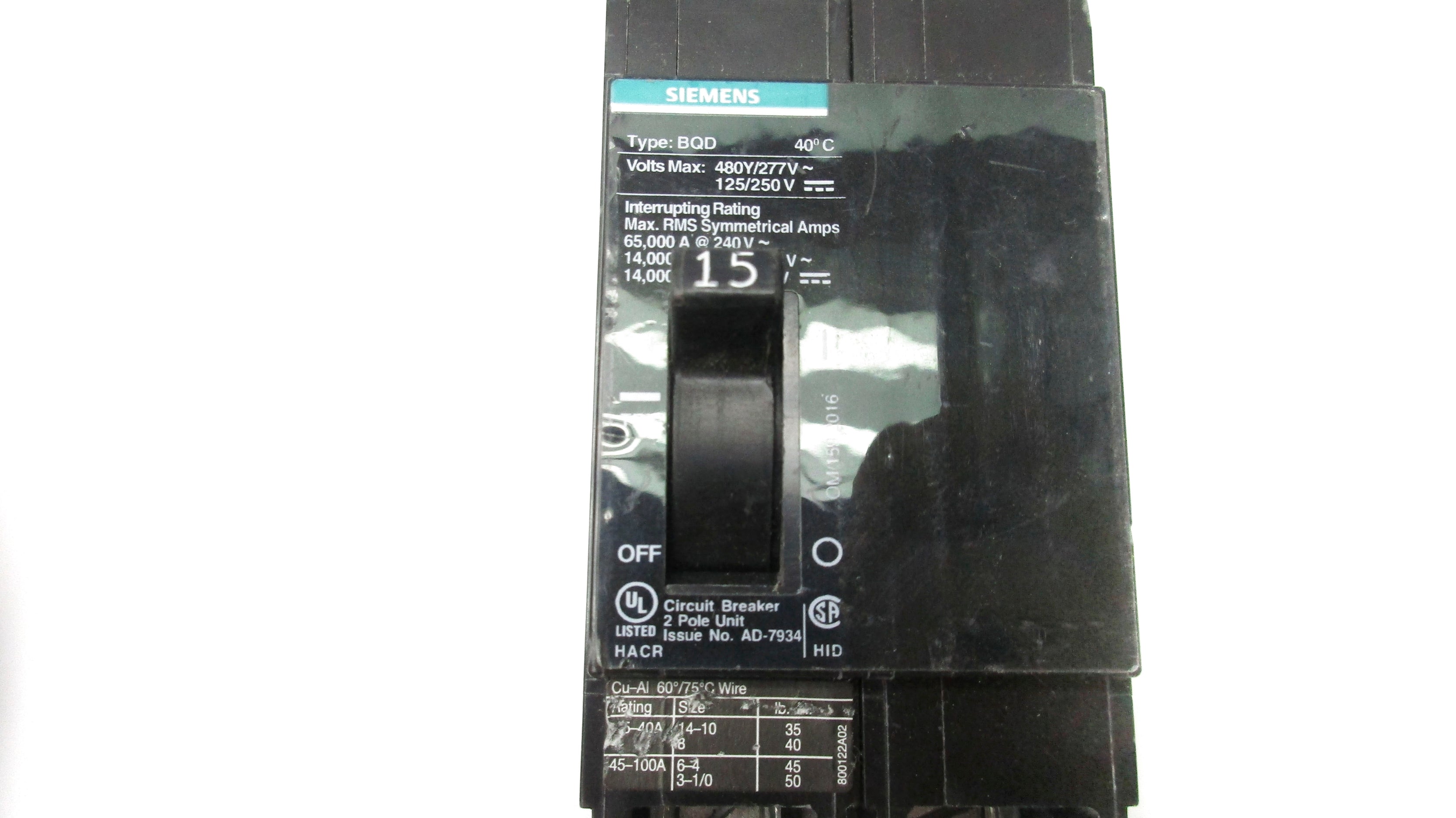 SIEMENS BQD215 125/480V 15A UNMP