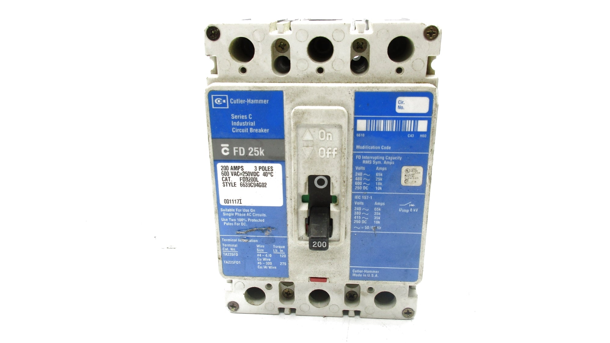 CUTLER HAMMER FD3200L SER. C 240-600V 200A UNMP
