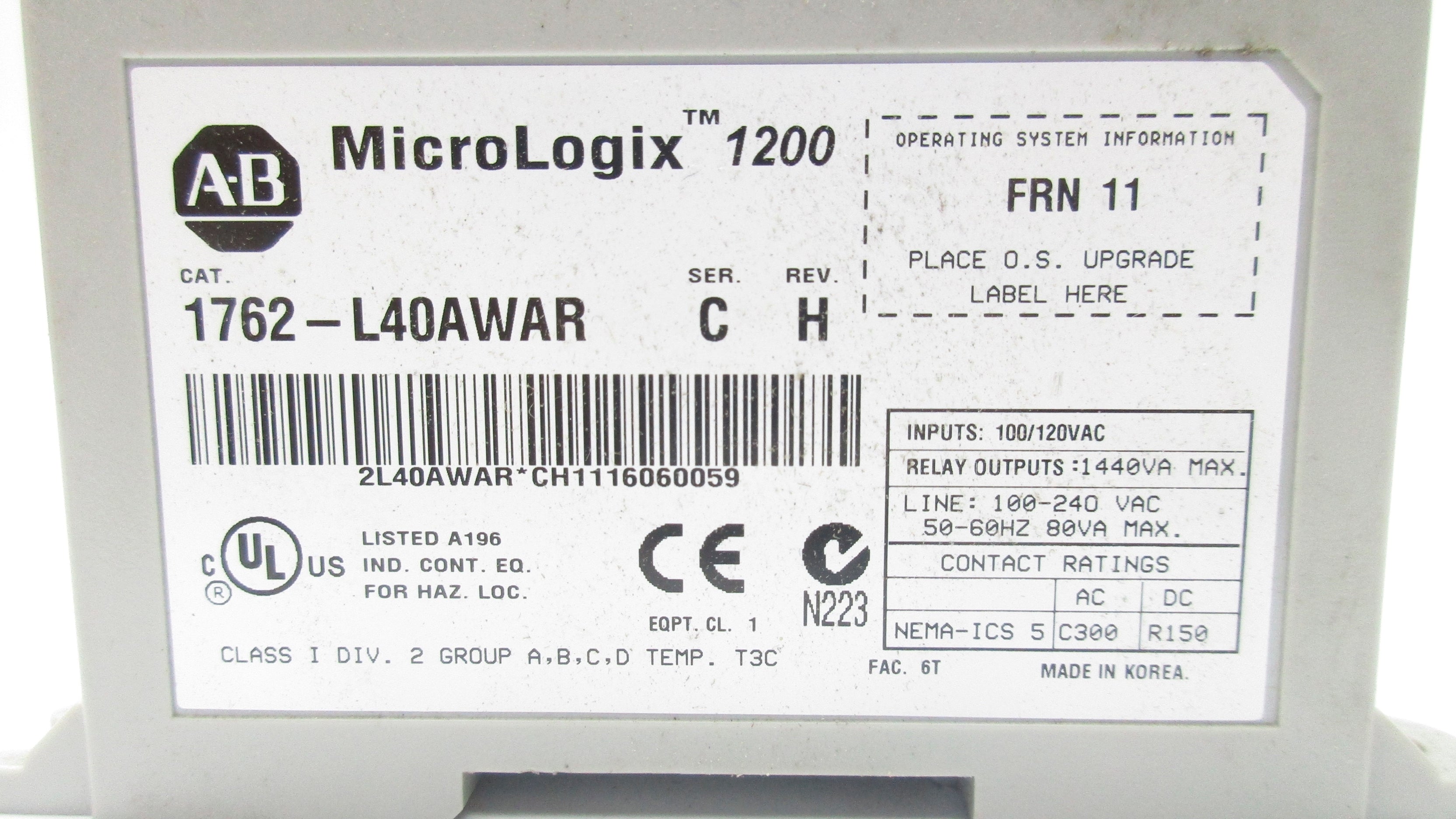 ALLEN BRADLEY 1762-L40AWAR SER. C F/W 11 NSNP