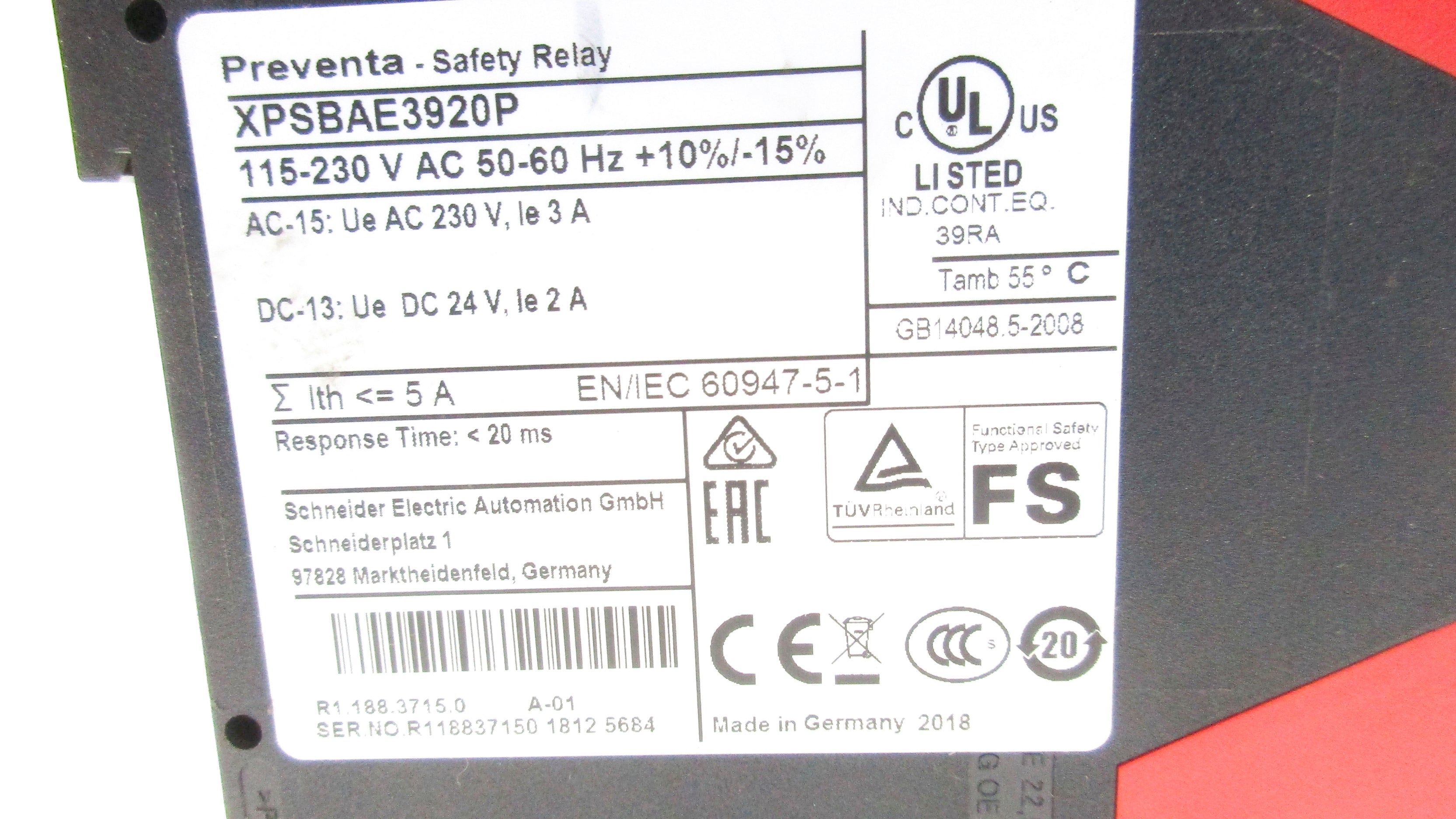 SCHNEIDER ELECTRIC XPSBAE3920P 115-230VAC 5A  NSNP