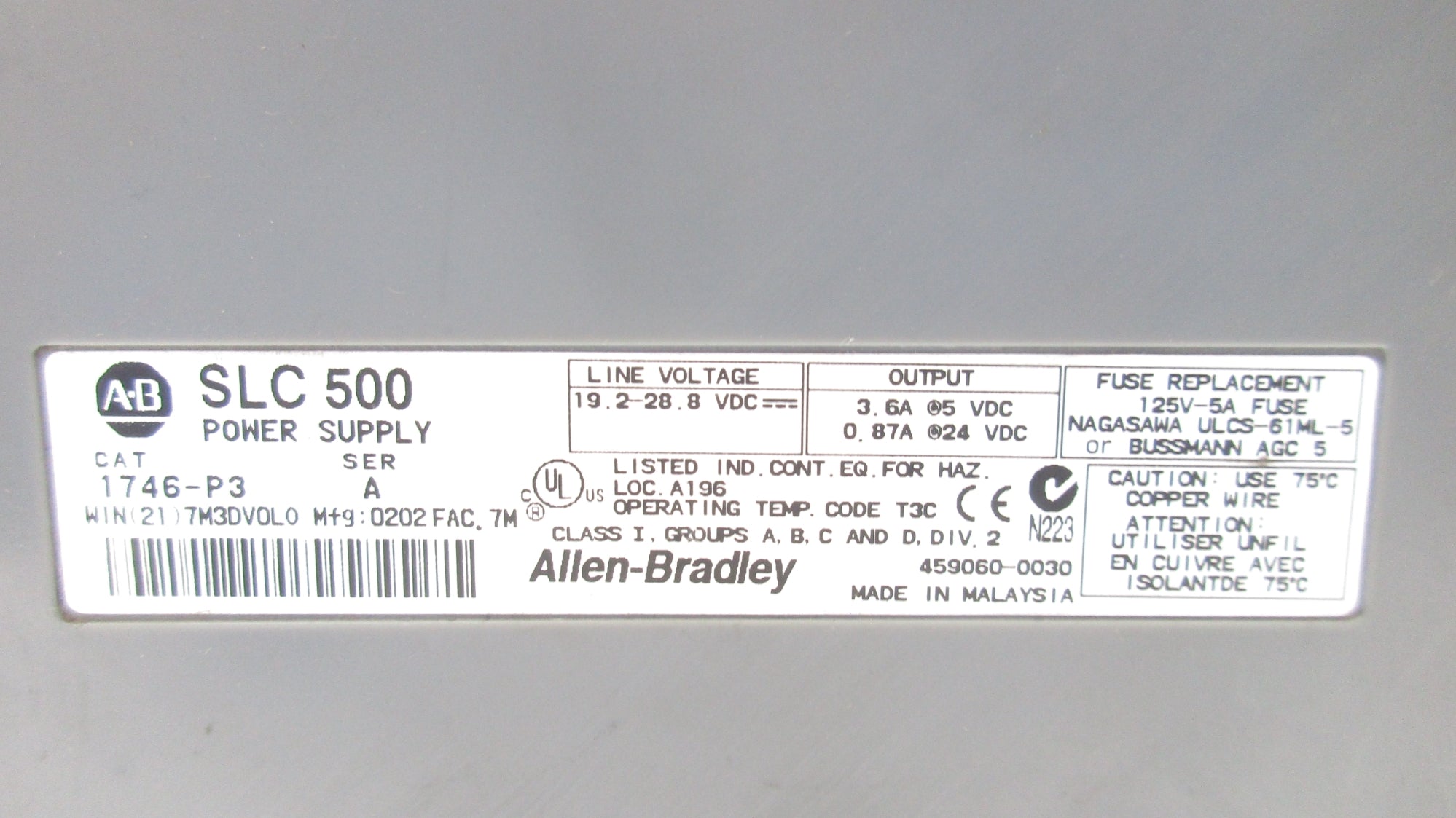 ALLEN BRADLEY 1746-P3 SER. A UNMP