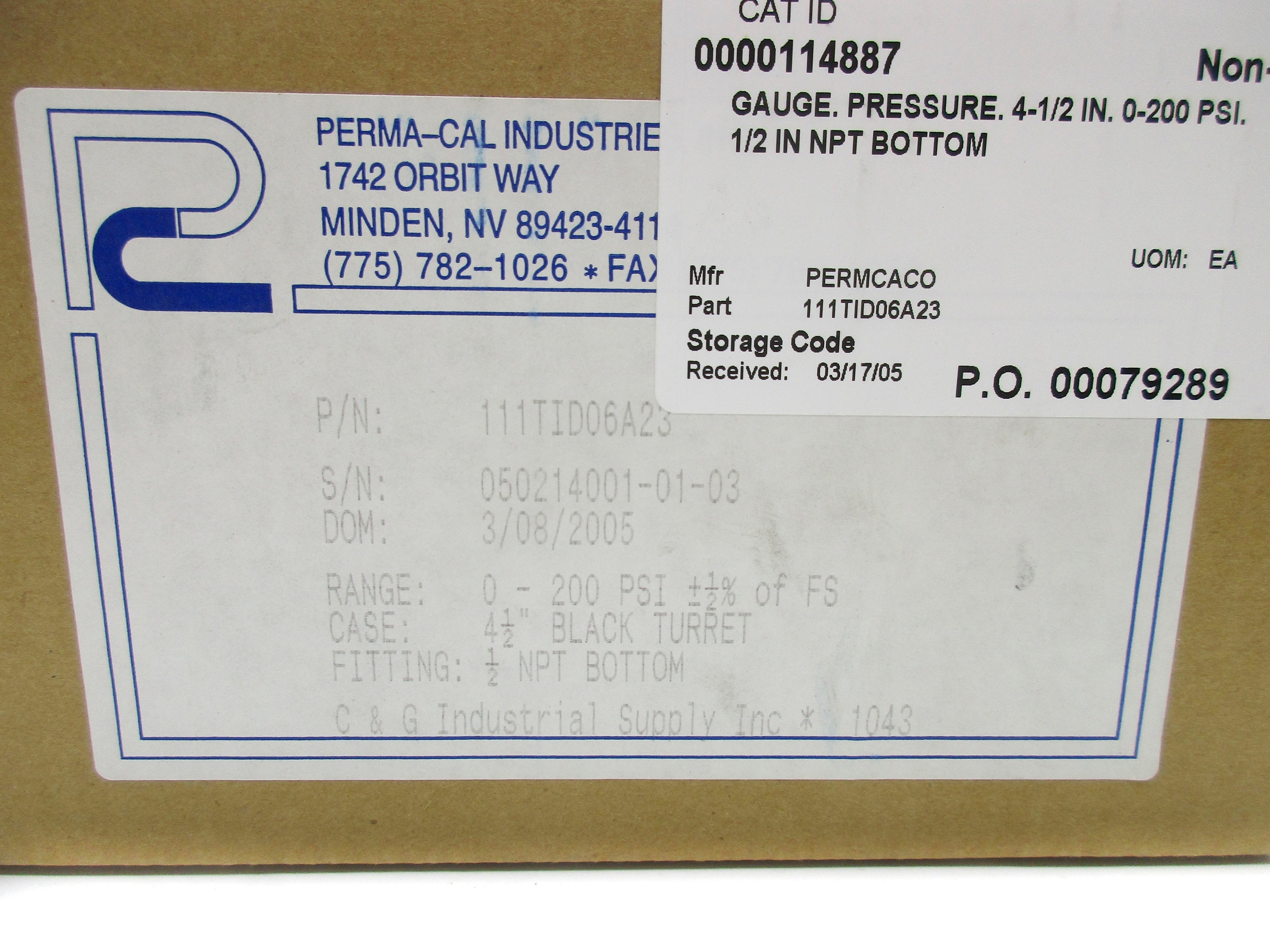 PERMA-CAL INDUSTRIES 111TID06A23 0-200PSI NSMP