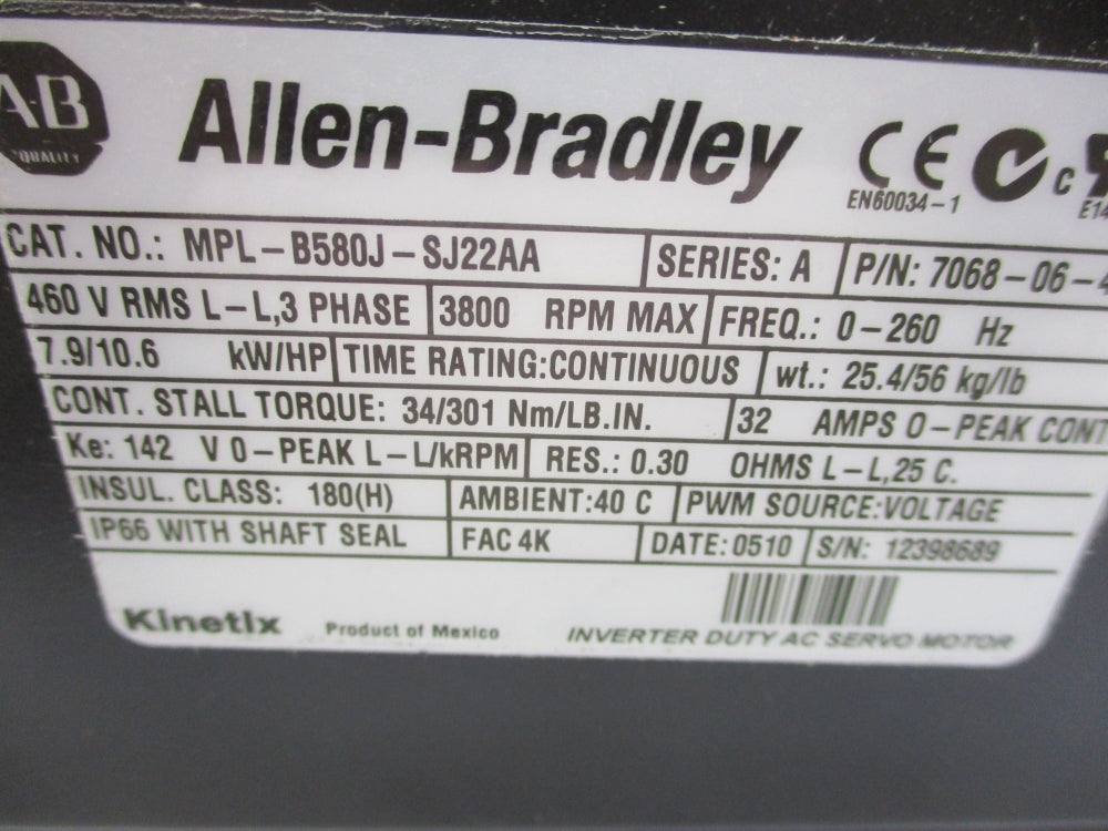ALLEN BRADLEY MPL-B580J-SJ22AA SER. A NSMP