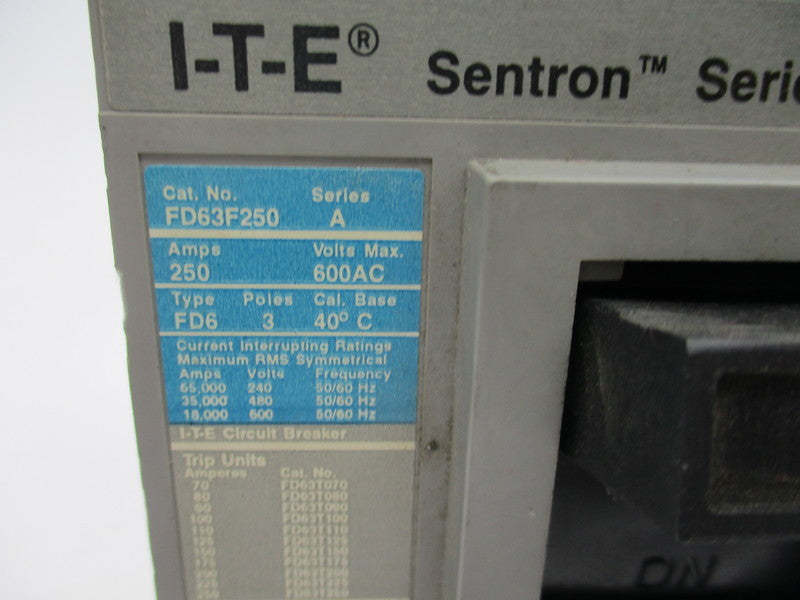 SIEMENS FD63F250 CIRCUIT BRAEKER 250A 600V (AS PICTURED) UNMP