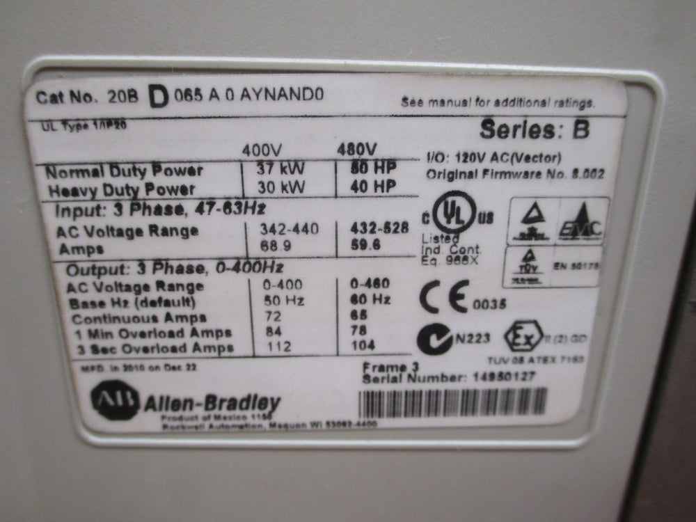 ALLEN BRADLEY 20BD065A0AYNAND0 SER. B F/W 8.002 (AS PICTURED) UNMP