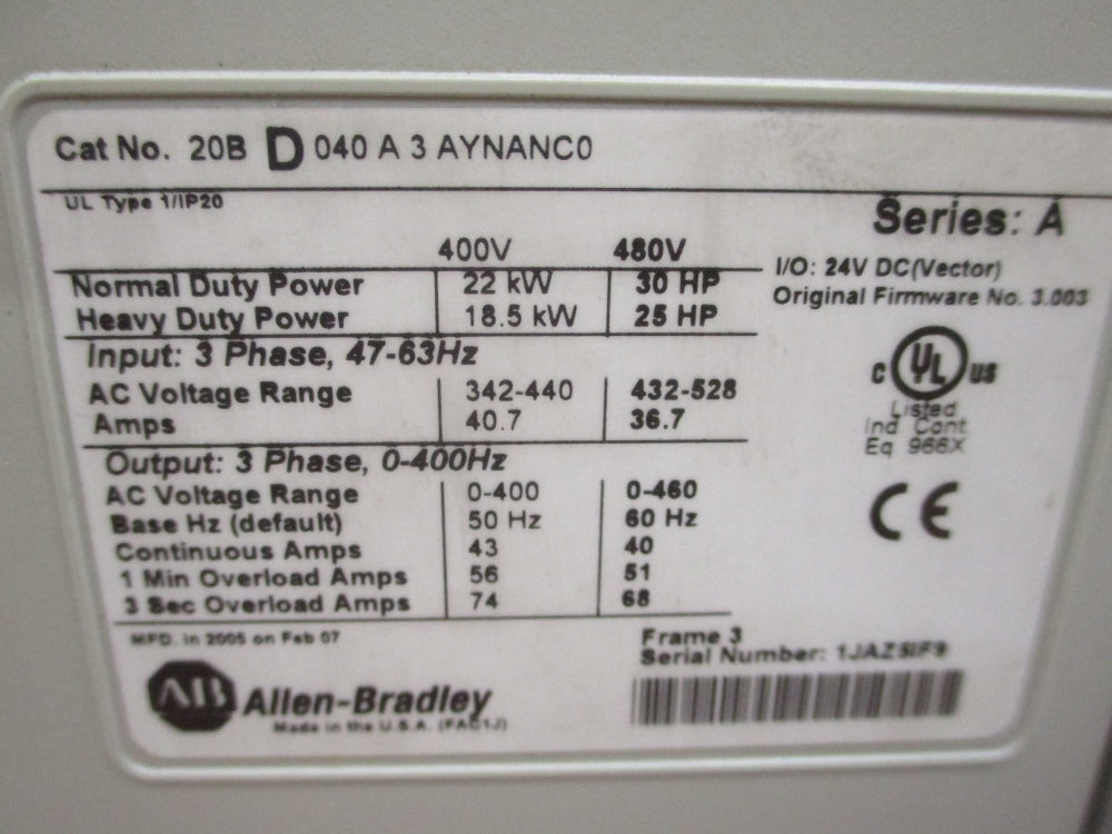 INDUSTRIAL SPARE PART 20BD040A3AYNANC0 SER. A F/W 3.003 (AS PICTURED) UNMP