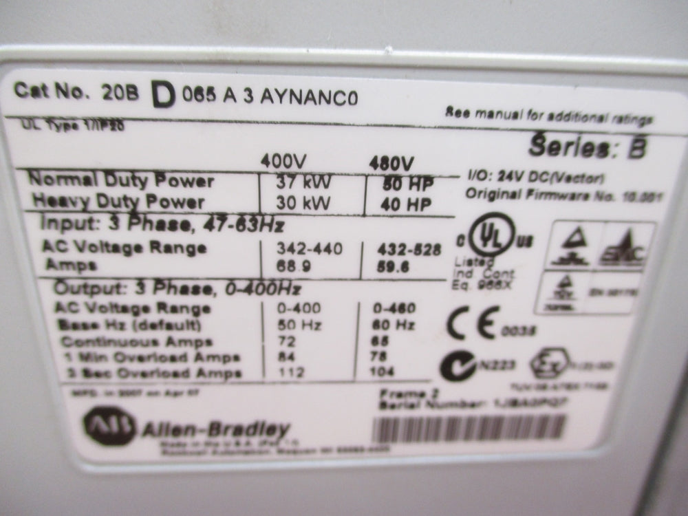 ALLEN BRADLEY 20BD065A3AYNANC0 SER. B F/W 10.001 (AS PICTURED) UNMP