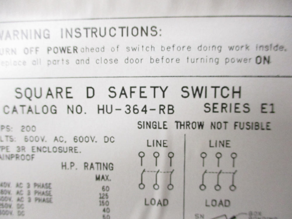 SQUARE D HU364RB SER. E1 NSNP