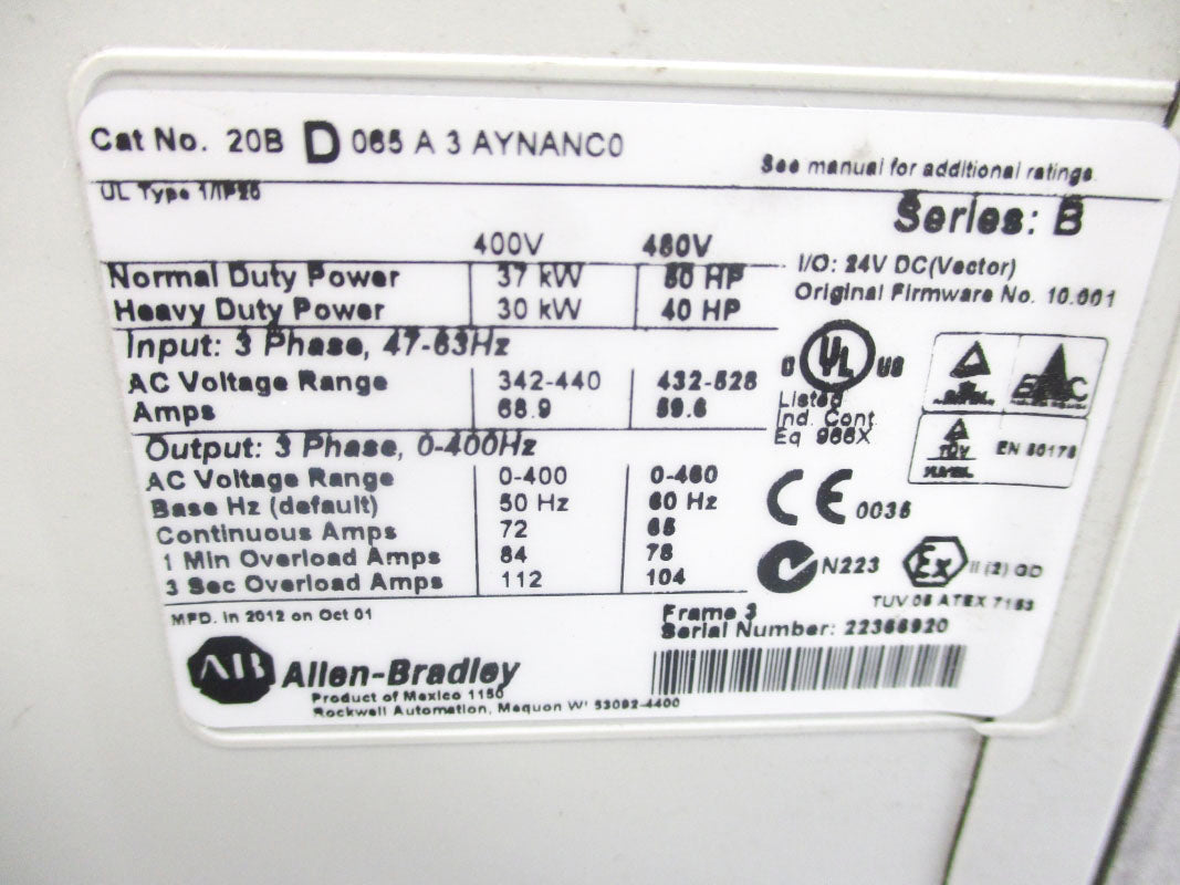 ALLEN BRADLEY 20BD065A3AYNANC0 SER. B F/W 10.001 (AS PICTURED) UNMP