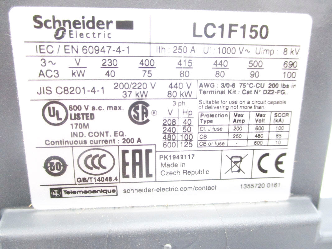 SCHNEIDER ELECTRIC LC1F150 NO COIL NSNP