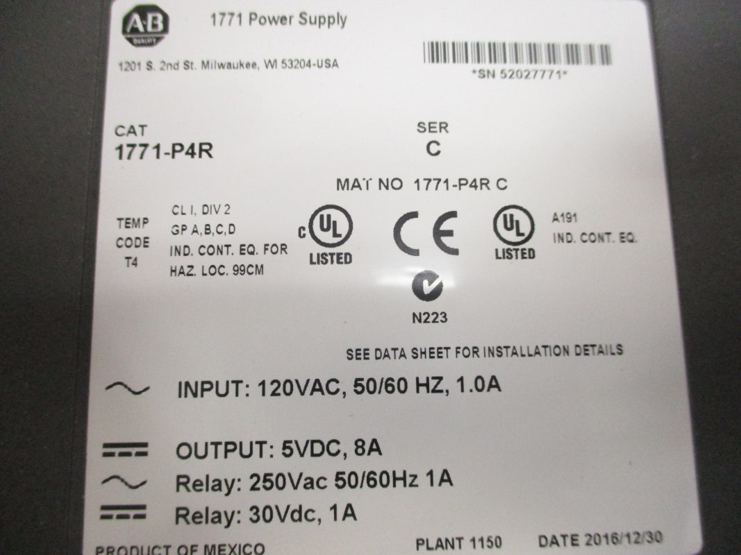 ALLEN BRADLEY 1771-P4R SER. C 120VAC 1A NSMP