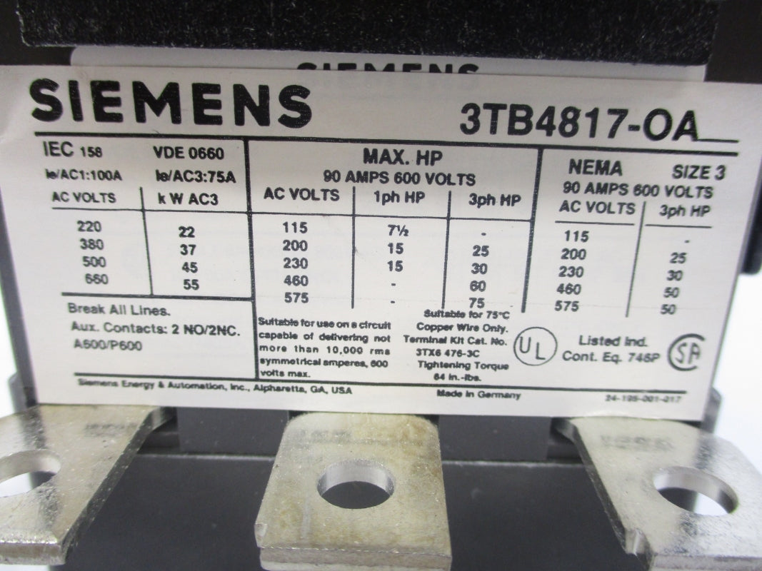 SIEMENS 3TB4817-0AA8 120V 90A NSMP