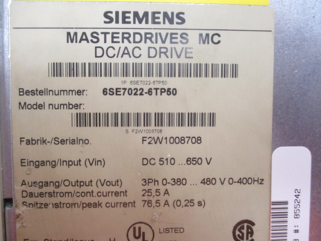 SIEMENS 6SE7022-6TP50 650V (AS PICTURED) UNMP
