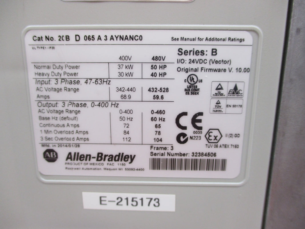 ALLEN BRADLEY 20BD065A3AYNANC0 SER. B F/W 10.00 REMAN