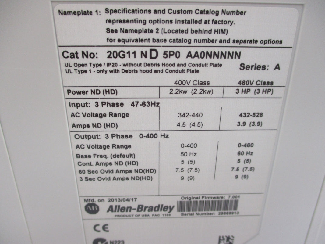 ALLEN BRADLEY 20G11ND5P0AA0NNNNN SER. A F/W 7.001 480V NSMP