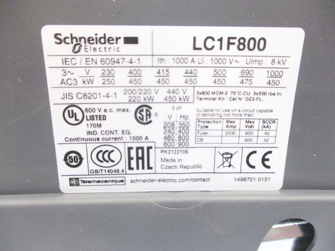 SCHNEIDER ELECTRIC LC1F800 1000A (NO COIL) NSNP