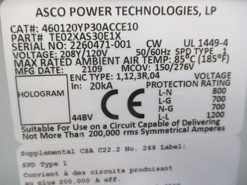 ASCO 460120YP30ACCE10 TE02XAS30E1X 120V NSNP