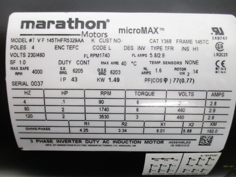 MARATHON Y368 TVF145THFR5329AA 230/460V 2.9/5.8A (AS PICTURED) NSNP
