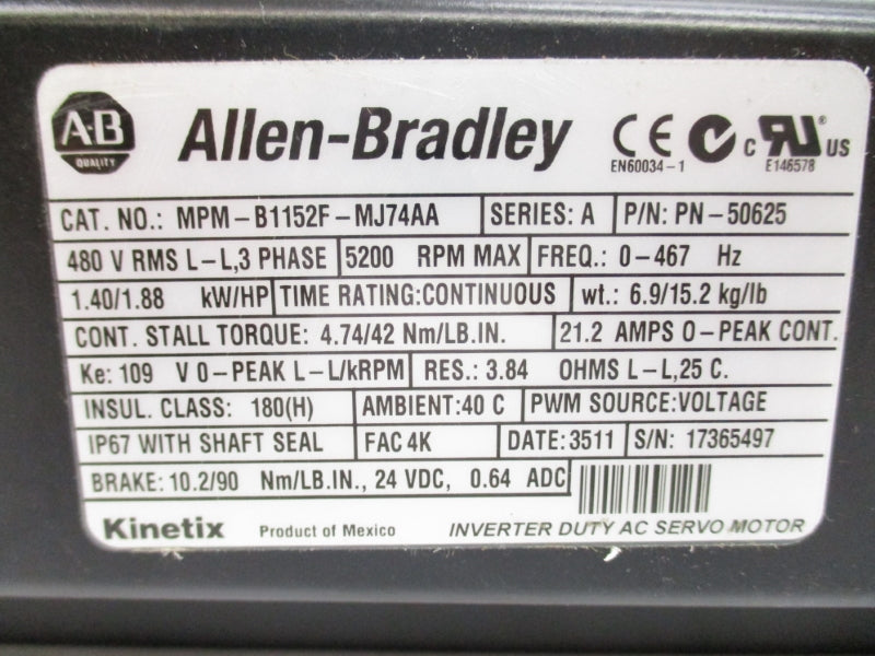 ALLEN BRADLEY MPM-B1152F-MJ74AA SER. A 480V 21.2A NSMP