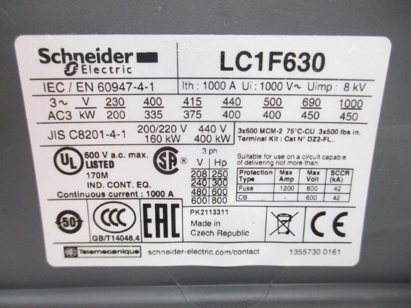 SCHNEIDER ELECTRIC LC1F630 (NO COIL) 1000A NSNP