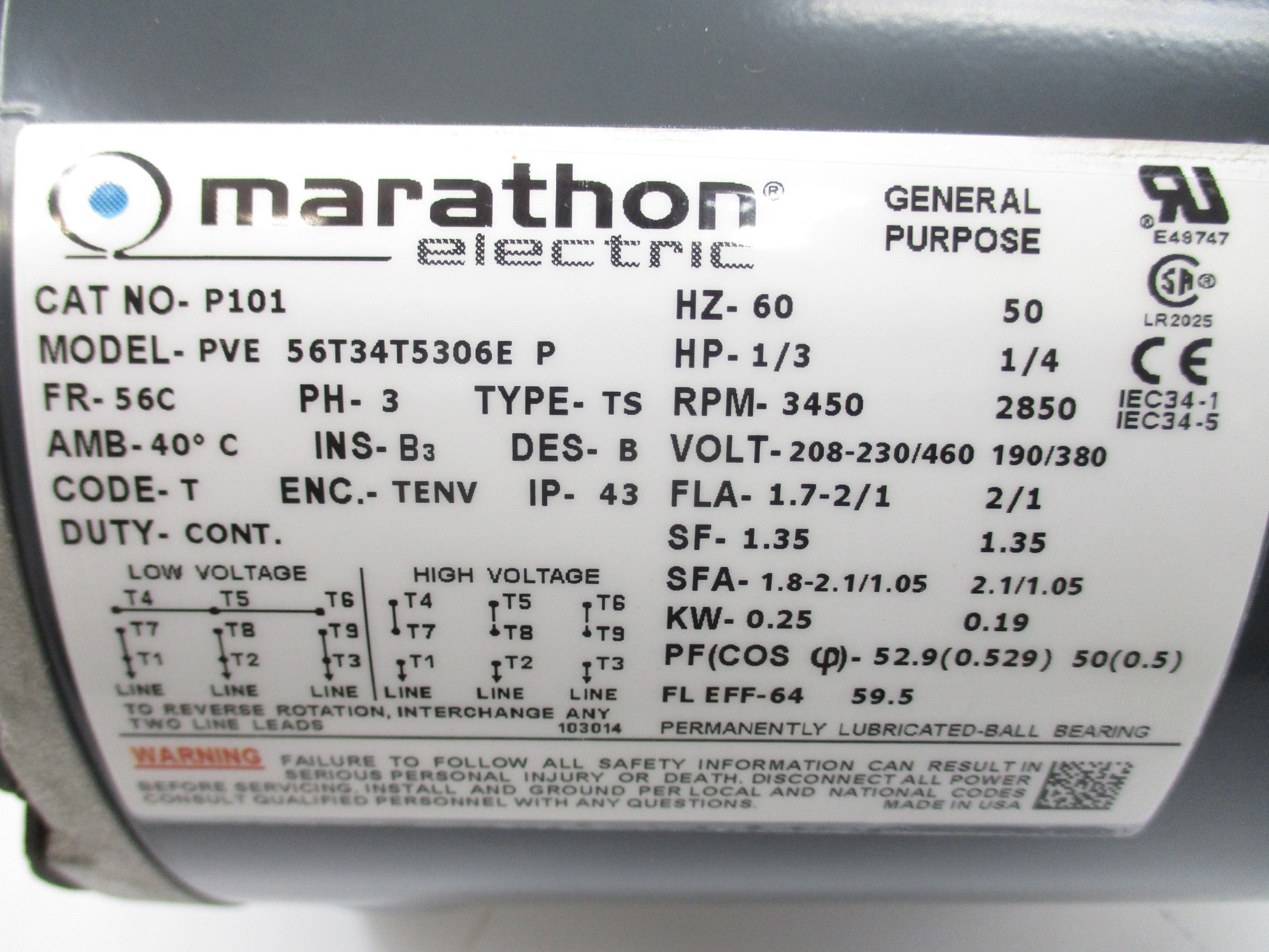 MARATHON ELECTRIC P101 56T34T5306EP 208-230/408V NSMP