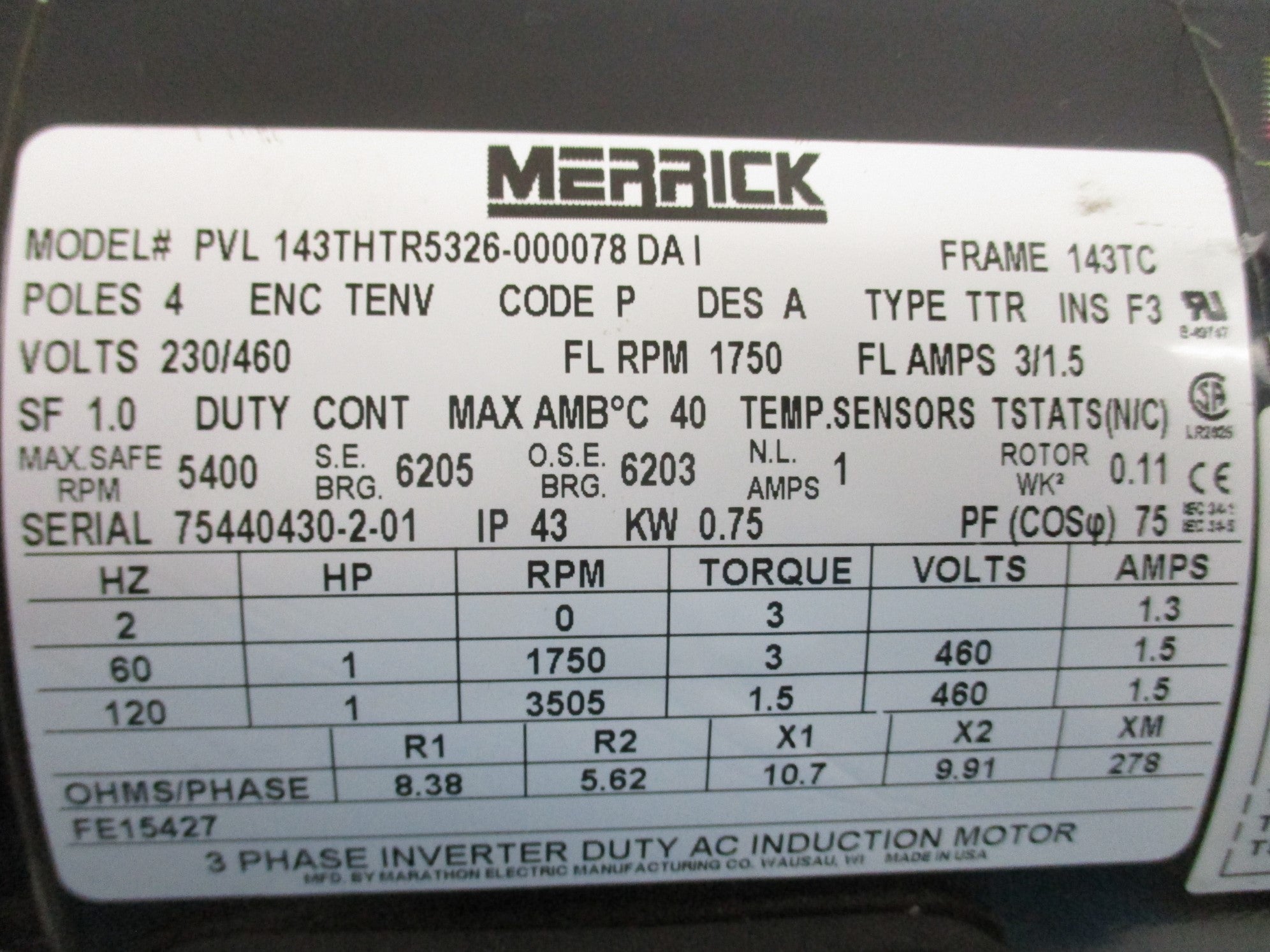 MERRICK PVL143THTR5326-000078DAI 230/460V NSNP