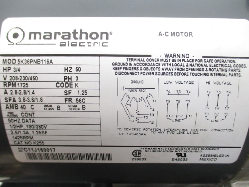 MARATHON 5K36PNB116A K255 230/460V 2.8-2.8/1.4A NSNP