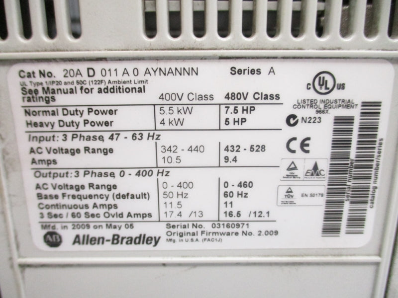 ALLEN BRADLEY 20AD011A0AYNANNN SER. A 480V 10.5A F/W 2.009 NSMP