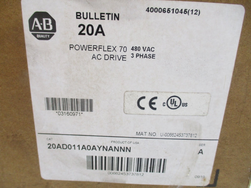 ALLEN BRADLEY 20AD011A0AYNANNN SER. A 480V 10.5A F/W 2.009 NSMP