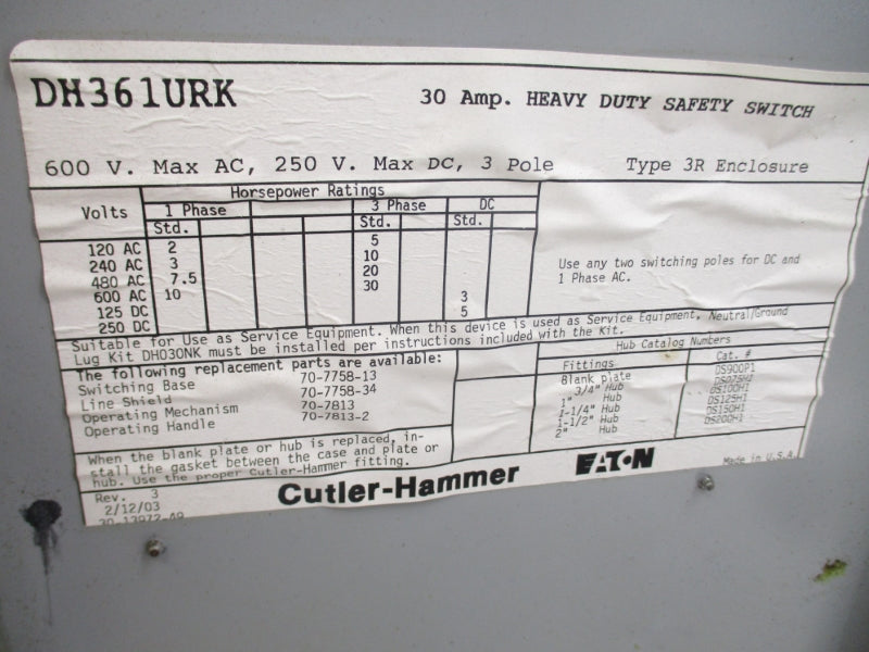 CUTLER HAMMER DH361URK 600V 30A UNMP