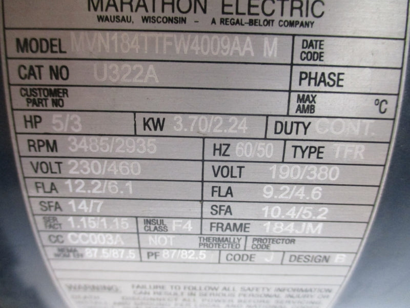 MARATHON 184TTFW4009 U322A 230/460V NSMP