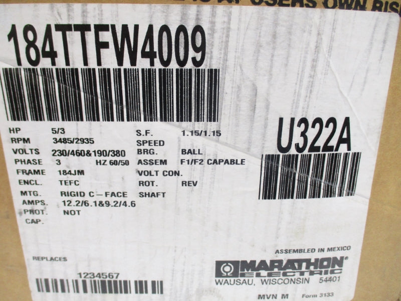 MARATHON 184TTFW4009 U322A 230/460V NSMP