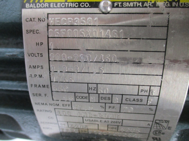 BALDOR VECP3581 SER. F 208-230/460V 3.3-3/1.5A NSNP
