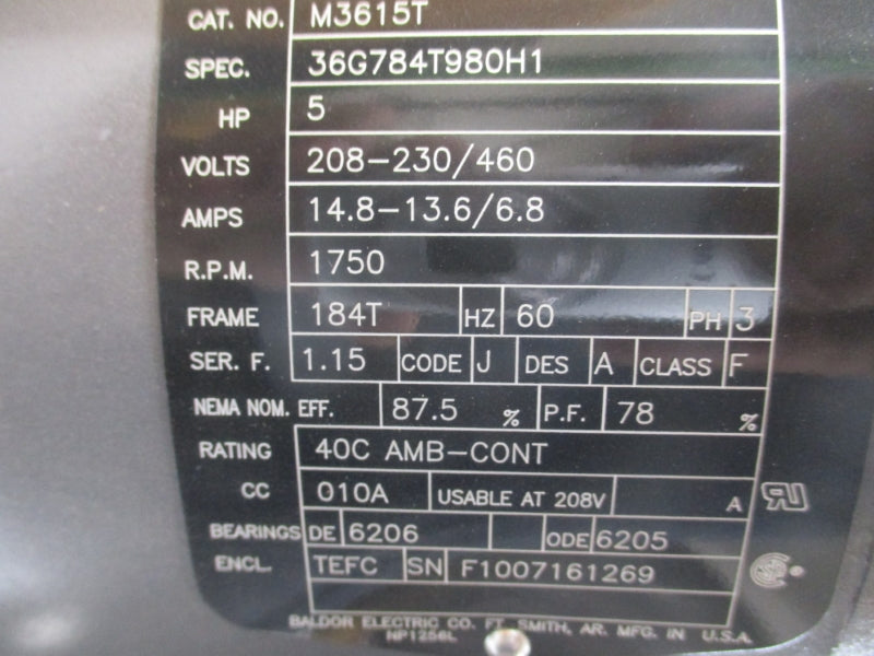 BALDOR M3615T SER. F 208-230/460V 14.8-13.6/6.8A NSMP