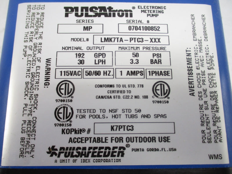 PULSAFEEDER LMK7TA-PTC3-XXX SER. MP 115VAC 1A 50PSI NSMP