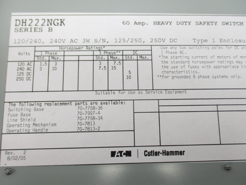 CUTLER HAMMER DH222NGK SER. B 120/240V NSNP